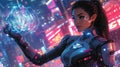 Futuristic Cyberpunk Woman Holding Holographic Interface in Neon City