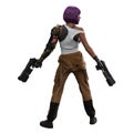 Cyberpunk woman with purple hair, cybernetic arm and eye implants, seen from behind. 3D illustration isolated on white