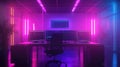 Futuristic cyberpunk workstation with multiple monitors displaying code Royalty Free Stock Photo