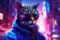 In a futuristic cyberpunk world, a technologically enhanced cat prowls the neon streets, assisting a group of rebels in their