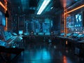 Futuristic Cybersecurity Command Center with Holographic Data Displays and Bioluminescent Codeflow Royalty Free Stock Photo