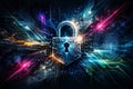 Futuristic Cybersecurity Concept with Digital Lock, Data Streams and Abstract Network Technology Background Royalty Free Stock Photo