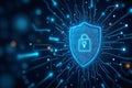 Futuristic Cybersecurity Concept with Digital Shield, Encrypted Data Streams, and Network Protection Visualization Royalty Free Stock Photo