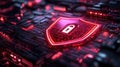 Futuristic cybersecurity concept with digital shield and lock icon in red-black theme