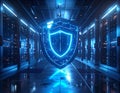 Cybersecurity Data Protection Concept with Digital Shield in Server Room and Advanced Network Security Technology Royalty Free Stock Photo