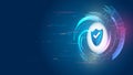 A futuristic cybersecurity concept featuring a glowing shield with round digital elements and binary code. This technology