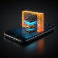 Futuristic cybersecurity concept showing a glowing firewall and encryption shield protecting a smartphone from cyber threats and