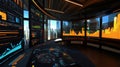 Futuristic cybersecurity control room monitoring global network activity