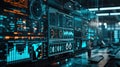 Futuristic Cybersecurity Dashboard in Dark Office with Holographic Visuals for Network Analytics