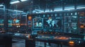Futuristic Cybersecurity Dashboard in Dark Office with Holographic Visuals for Network Analytics