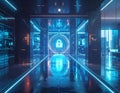 Futuristic Cyber Security Data Center Corridor With AI Encryption Interface And Digital Lock Protection System Royalty Free Stock Photo