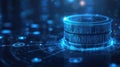 Futuristic Cybersecurity Data Server with Glowing Blue Lights and Binary Code