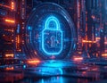 Futuristic Cybersecurity Digital Lock with AI Data Protection and Secure Network Technology Interface Concept Royalty Free Stock Photo