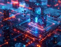 Futuristic Cybersecurity Lock on Digital Processor Artificial Intelligence Data Protection and Network Security Technology Concept Royalty Free Stock Photo