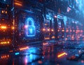 Futuristic Cybersecurity Lock Interface with AI Data Protection and Secure Digital Network Technology Concept Royalty Free Stock Photo