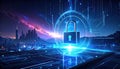 Futuristic Cybersecurity Lock: Neon Digital Gate for Secure Access and Data Protection Royalty Free Stock Photo