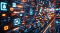 Cybersecurity network with symbols, encrypted data flow, neon digital grid. Background for Black Friday or Cyber Monday promotion. Royalty Free Stock Photo