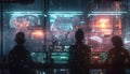 Futuristic Cybersecurity Team Analyzing Data On Holographic Screens In High-Tech Command Center