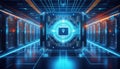 futuristic cybersecurity vault with glowing data nodes and encrypted technology. ultra modern design showcases secure environment