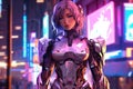 Futuristic cyborg anime girl, with silver armor dress standing in front of a backdrop of neon lights and high - tech gadgetry, Royalty Free Stock Photo