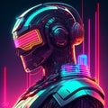 Futuristic cyborg cyberpunk robot or cyborg with glowing neon lights on dark background. 3d illustration generative AI