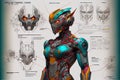 Futuristic cyborg girl sketch diagram. AI art generated.