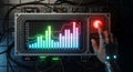 A futuristic cyborg hand presses a glowing red button on a retro-tech screen displaying vibrant data charts. Royalty Free Stock Photo