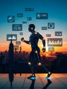 Futuristic cyborg man interacting with holographic data interfaces over a sunset cityscape Royalty Free Stock Photo