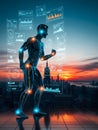 Futuristic cyborg man interacting with holographic data interfaces over a sunset cityscape Royalty Free Stock Photo
