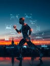 Futuristic cyborg man interacting with holographic data interfaces over a sunset cityscape Royalty Free Stock Photo