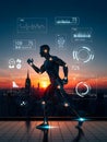 Futuristic cyborg man interacting with holographic data interfaces over a sunset cityscape Royalty Free Stock Photo