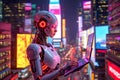 Futuristic cyborg in a neon city using a laptop, showcasing advanced technology and artificial intelligence Royalty Free Stock Photo