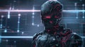 Futuristic cyborg with red circuitry in digital matrix image, ai generated Royalty Free Stock Photo
