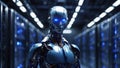 Futuristic cyborg with robotic arm stands in illuminated server room