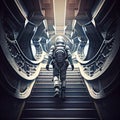 futuristic cyborg space man floating on stairways in futuristic sci-fi interior