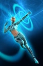 Futuristic cyborg Warrior in space, young woman in a blue uniform, 3d illustration