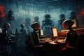 Futuristic cyborgs working on a computer in a dark room, AI Generated
