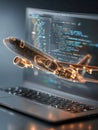 Futuristic 3d airplane model emerging from laptop screen with coding software in the background symbolizing aviation technology Royalty Free Stock Photo