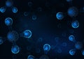 Futuristic 3d atoms, molecules scientific abstract background on dark blue.