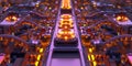 A futuristic 3D background of an AI-controlled mega factory, where robotic arms assemble
