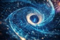 A futuristic 3D background of an AI-controlled space observatory, where massive telescopes scan