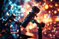 A futuristic 3D background of an AI-controlled space observatory, where massive telescopes scan