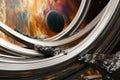 A futuristic 3D background of a colossal AI-controlled space station. Gigantic rotating rings