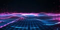 A futuristic 3D background featuring an enormous neon waveform stretching across an infinite digital