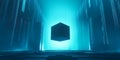 A futuristic 3D background featuring a levitating digital cube surrounded by floating data streams Royalty Free Stock Photo
