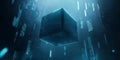 A futuristic 3D background featuring a levitating digital cube surrounded by floating data streams Royalty Free Stock Photo
