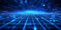A futuristic 3D background featuring a seamless digital grid extending into infinity. The glowing
