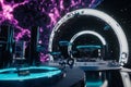 A futuristic 3D background of an interstellar research station orbiting a black hole. Scientists