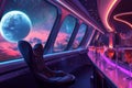 A futuristic 3D background of a luxury space cruise ship, its panoramic windows revealing nebulae Royalty Free Stock Photo