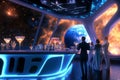 A futuristic 3D background of a luxury space cruise ship, its panoramic windows revealing nebulae Royalty Free Stock Photo